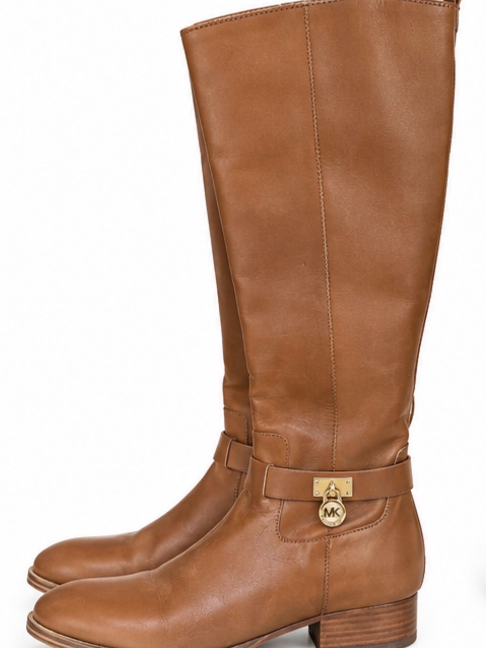 Michael Kors Cognac Leather Knee-High Riding Boots - Gold MK Charm